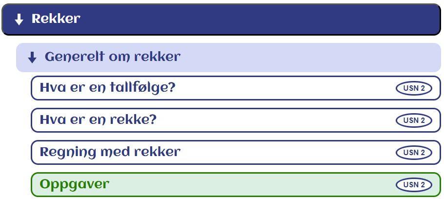 Innholdsliste med pensum markert
