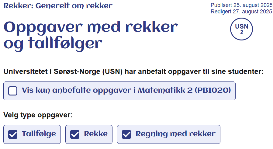 Studentene kan filtrere på anbefalte oppgaver